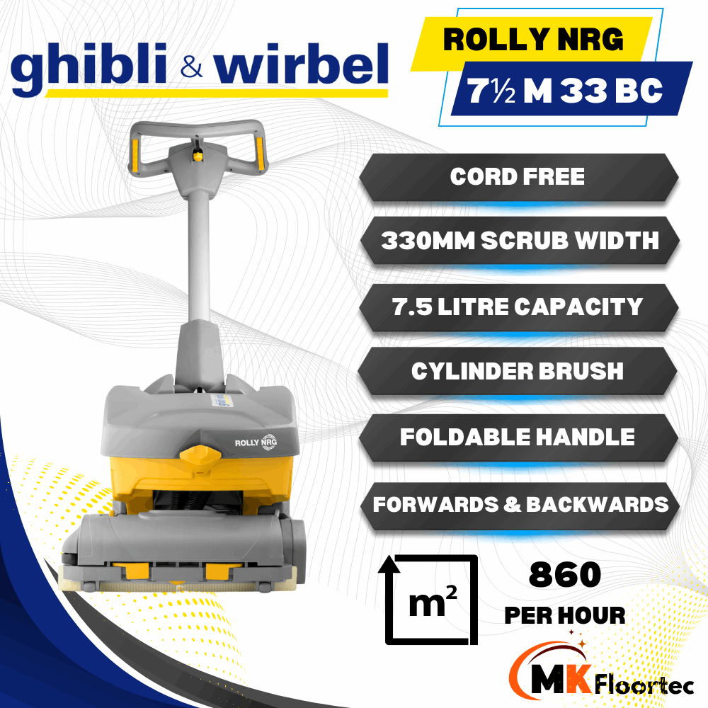 Compact ROLLY NRG 7½ M 33 scrubber dryer with foldable handle for easy cleaning in tight spaces and convenient storage.