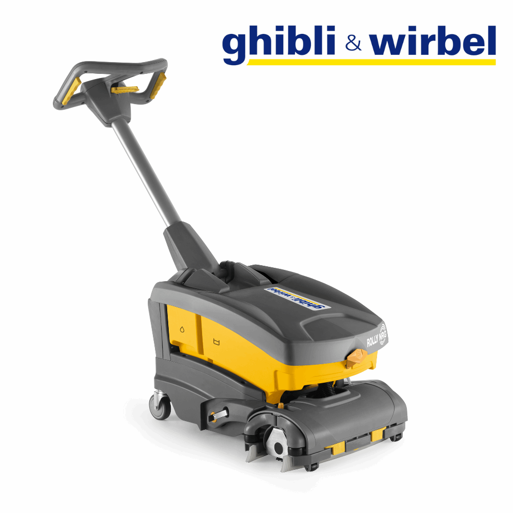Compact, cord-free ROLLY NRG 7½ M 33 floor scrubber designed for narrow spaces inaccessible to larger models.