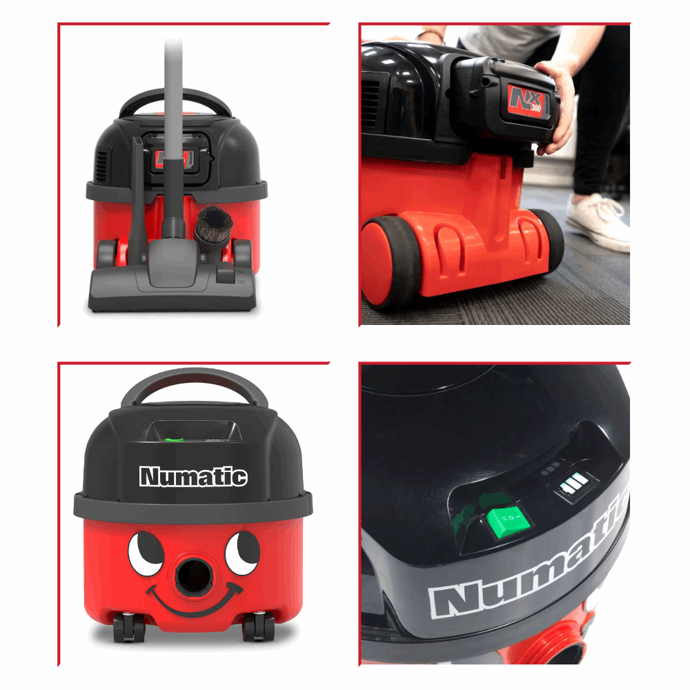Cordless Numatic NBV190NX vacuum cleaner, ideal for commercial settings, offering battery power for convenient and efficient cleaning.