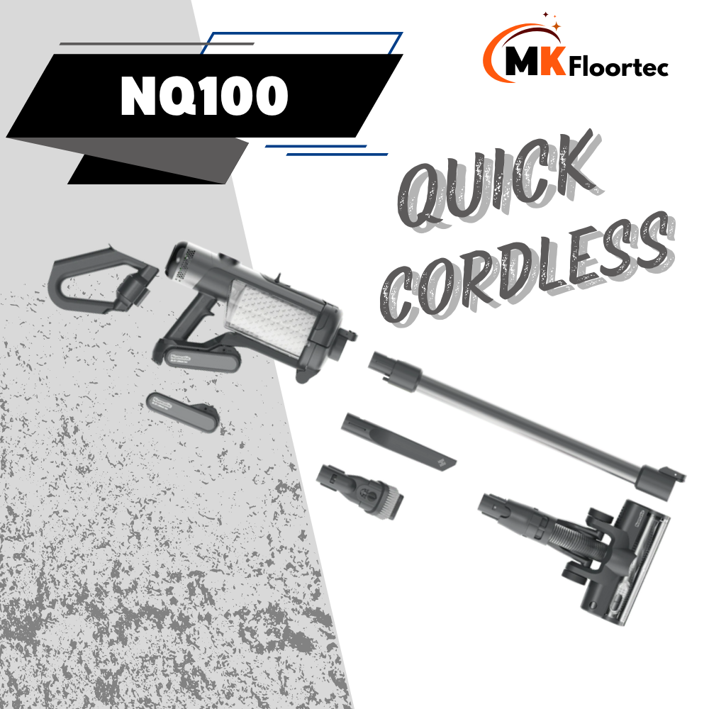 The Numatic NQ100 Quick Cordless Stick Vacuum Cleaner offers a lightweight design, two batteries, and a variety of attachments for efficient commercial cleaning.