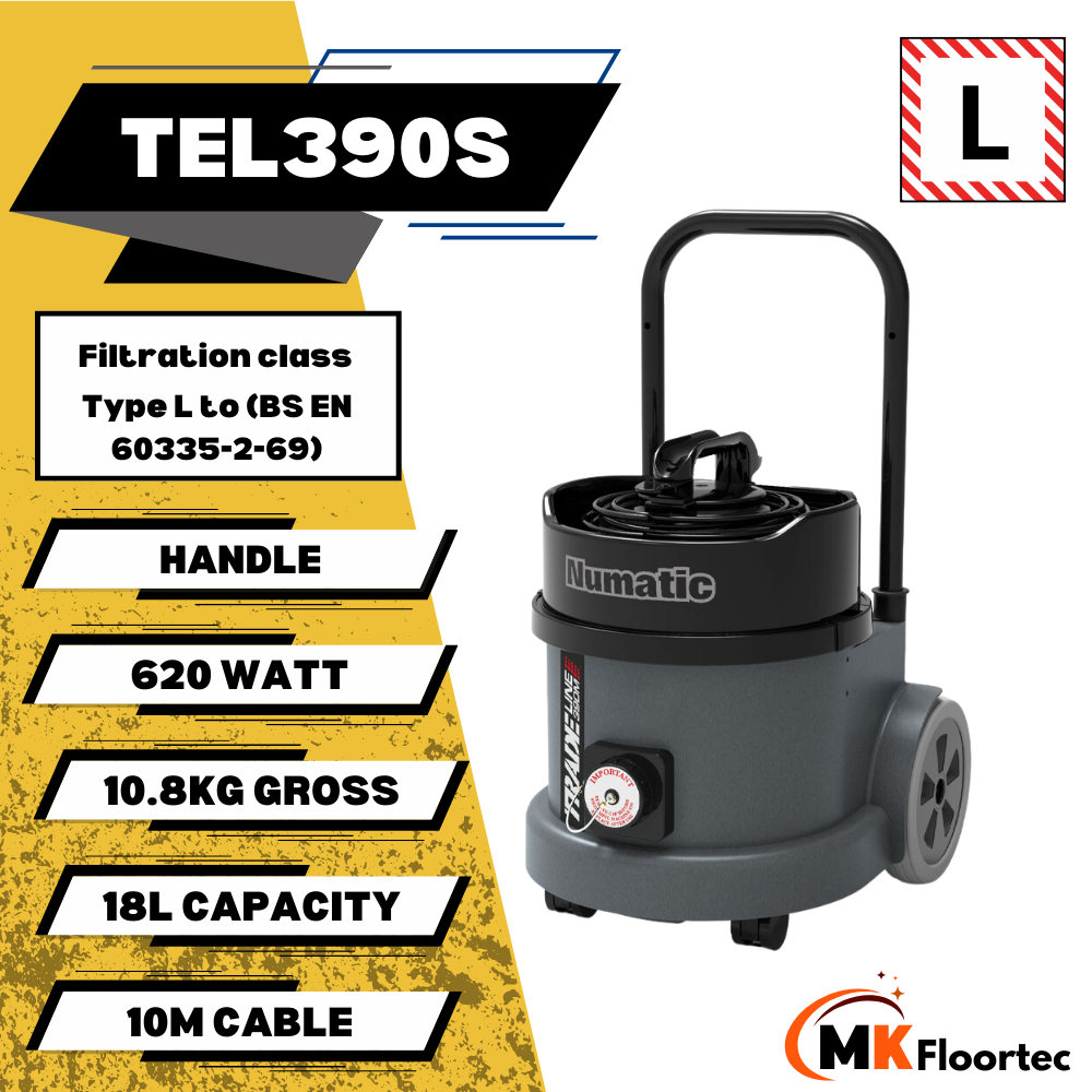 Numatic Tradeline TEL390S with advanced filtration and L-Class certification, ideal for professional dust extraction in workshops. Specification