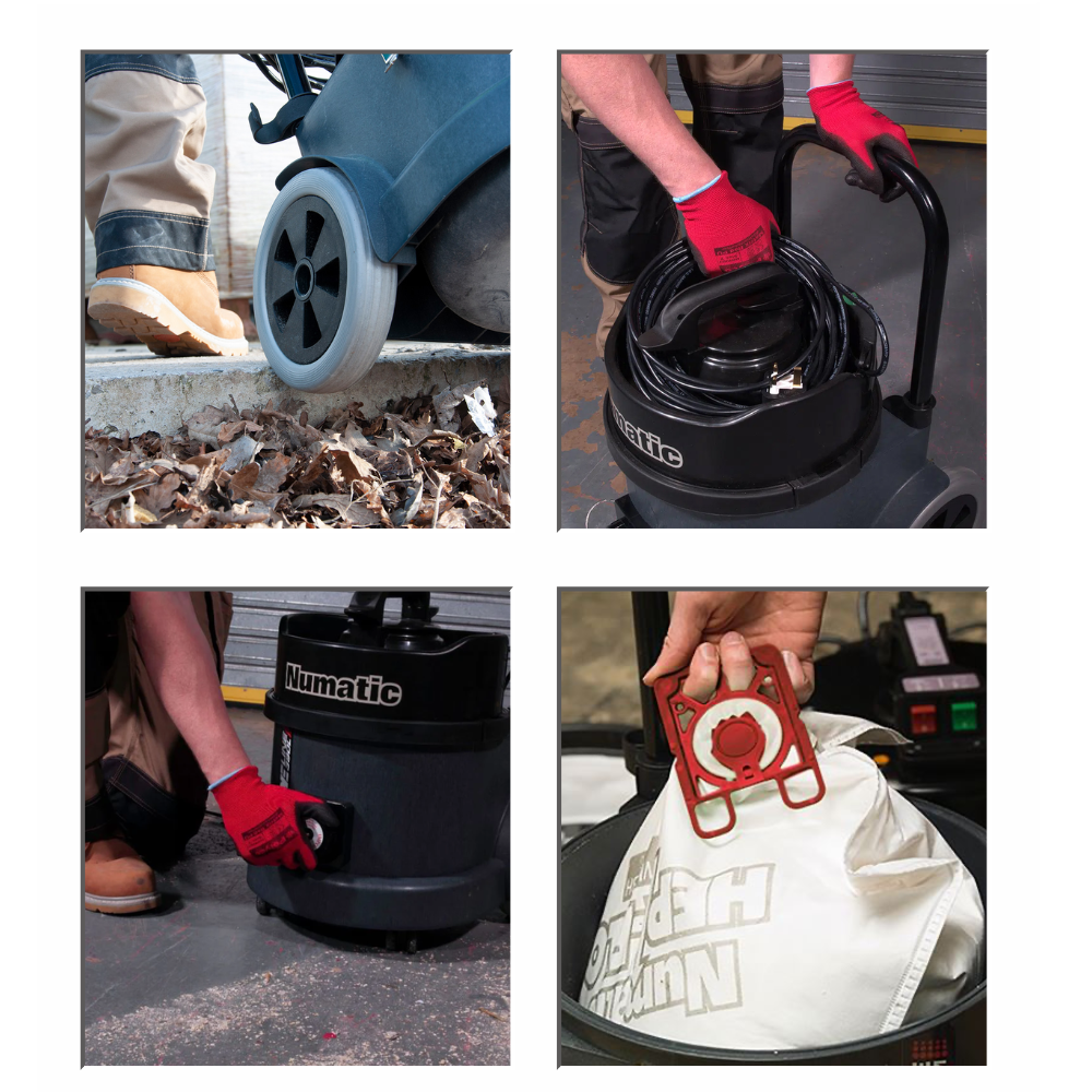 Numatic Tradeline TEL390S vacuum with HEPA H13 filter, 620W motor, large wheels, pull handle and dust cap