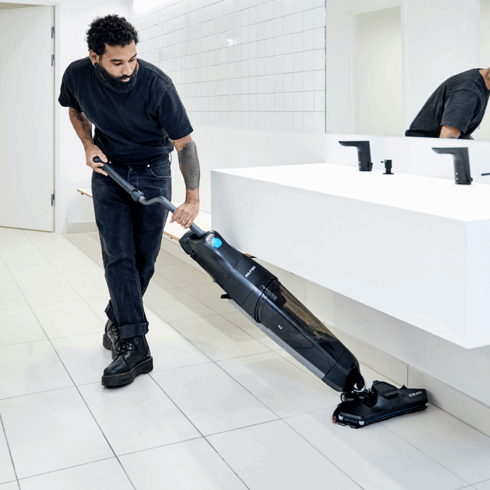 Compact Nilfisk DRYFT Floor Scrubber Dryer effectively cleans hard-to-reach areas with professional results.