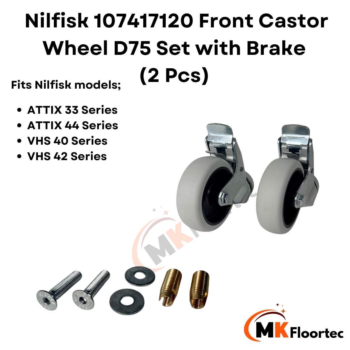 Nilfisk 107417120 Front Castor Wheel D75 Set with Brake (2 Pcs) for ATTIX 33, 44