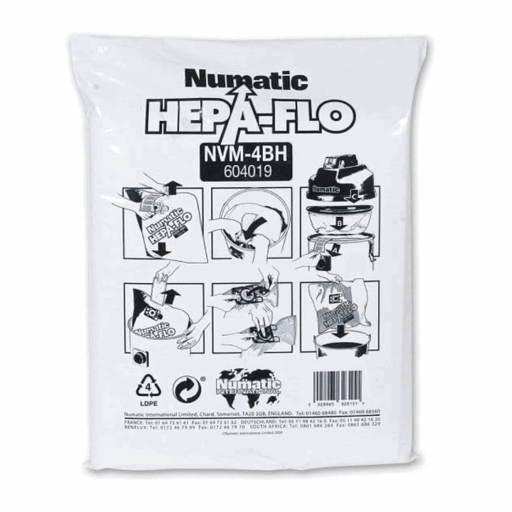 Pack of 10 genuine Numatic NVM-4BH HepaFlo vacuum cleaner dust bags for WV, HZ 750 & 900 models.