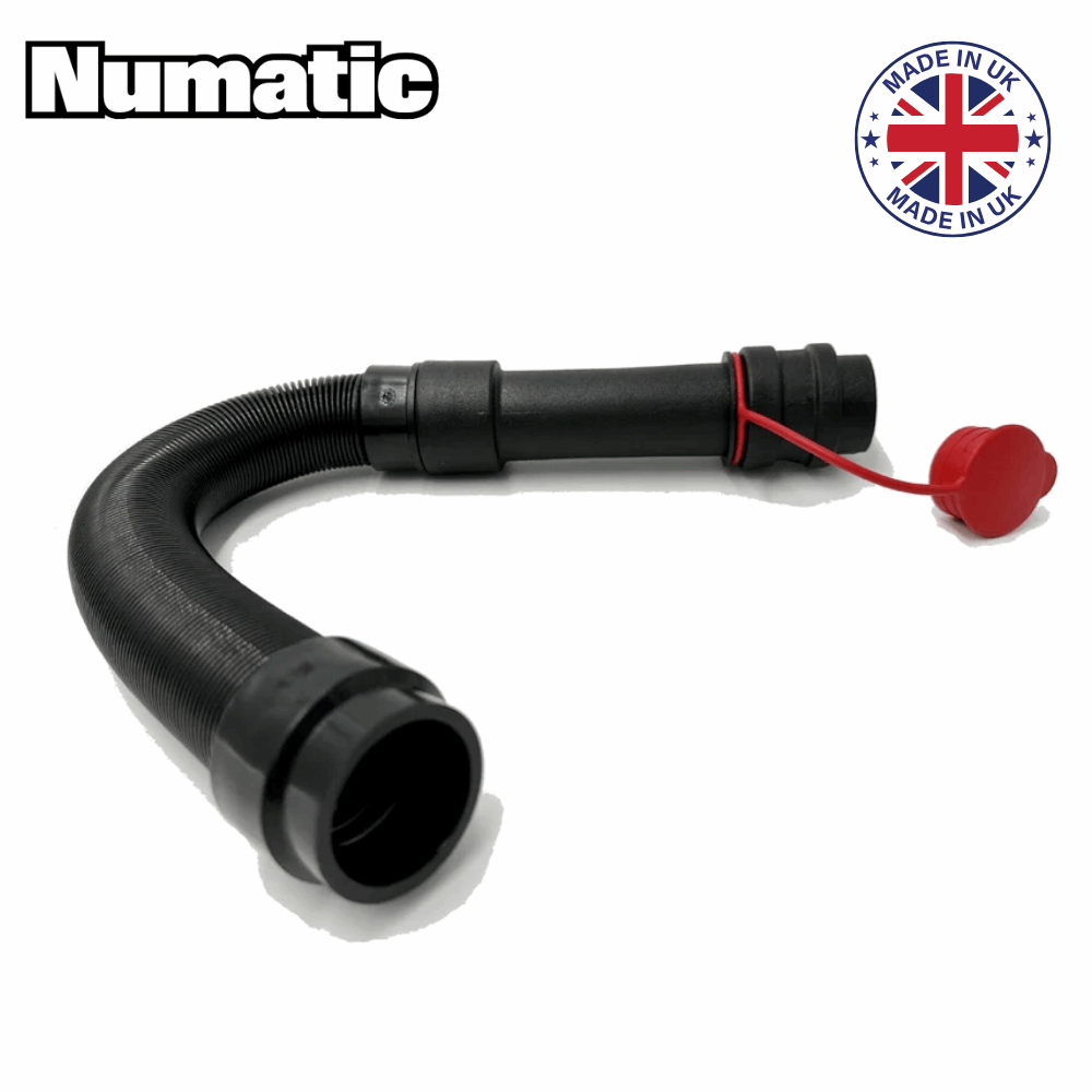 Numatic 901548 TT scrubber dryer dirty water emptying hose with adjustable cuff and cap closure for efficient waste disposal.