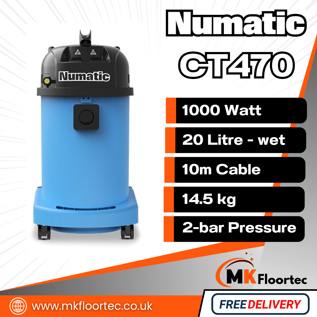 Numatic CT470 Commercial Carpet & Upholstery Cleaner – 4-in-1 Valeting Extraction Machine
