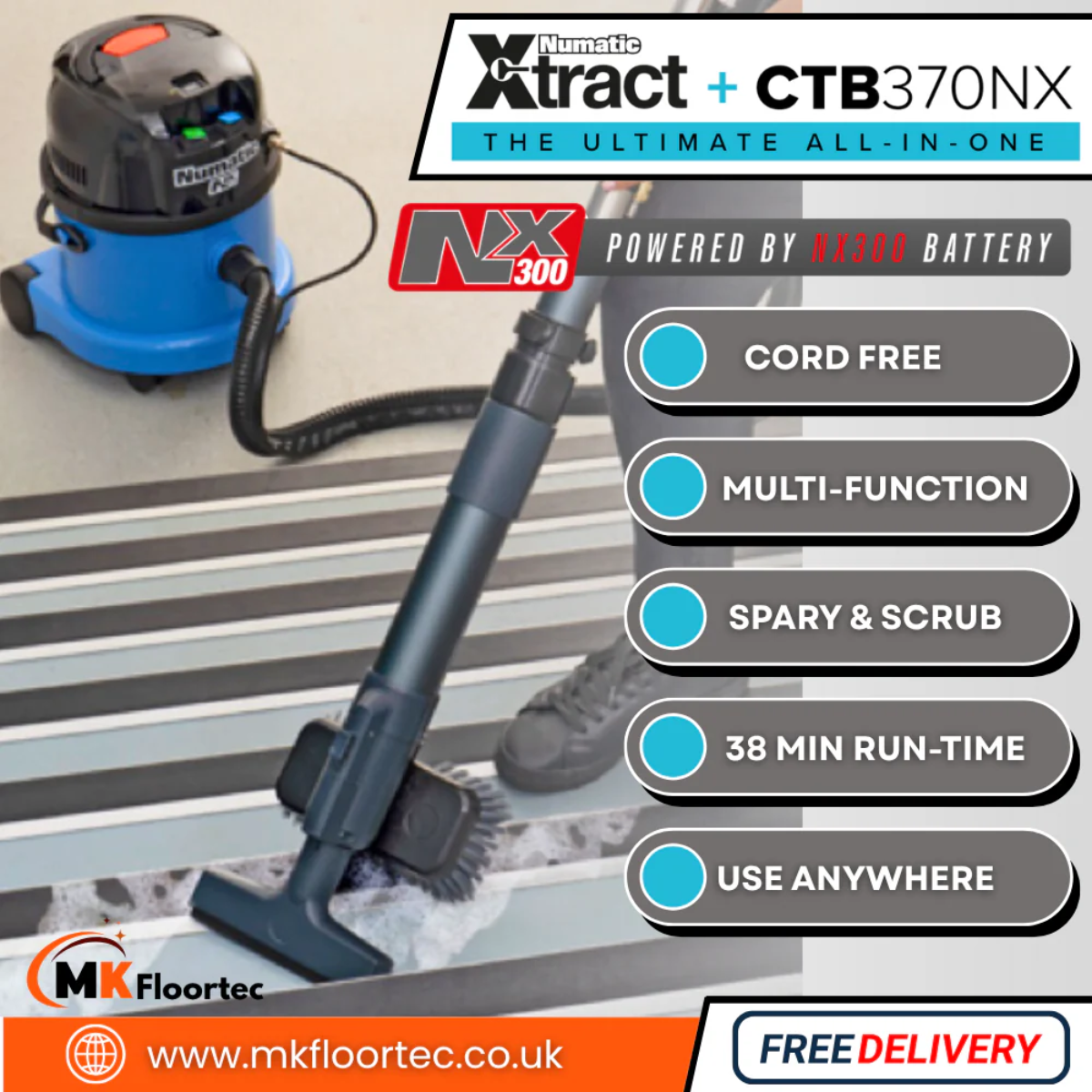 Numatic CTB370NX Commercial Cordless Carpet Extraction & Hard Floor Vacuum Cleaner