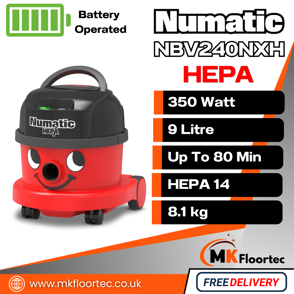 Numatic NBV240NX HEPA Cordless Vacuum Cleaner | Commercial HEPA 14 Battery Henry