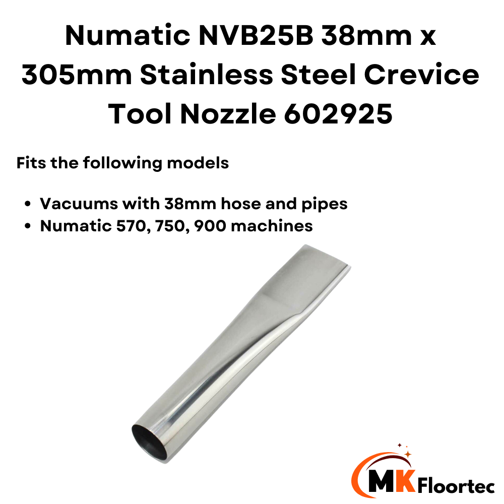 Numatic NVB25B crevice tool nozzle, stainless steel, dimensions 38mm x 305mm, model number 602925.