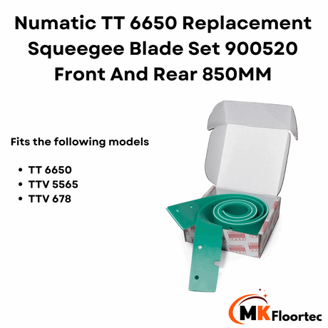 Replacement squeegee blade set for Numatic 900520 TT6650 Twintec scrubber dryer, featuring front and rear green polyurethane blades.