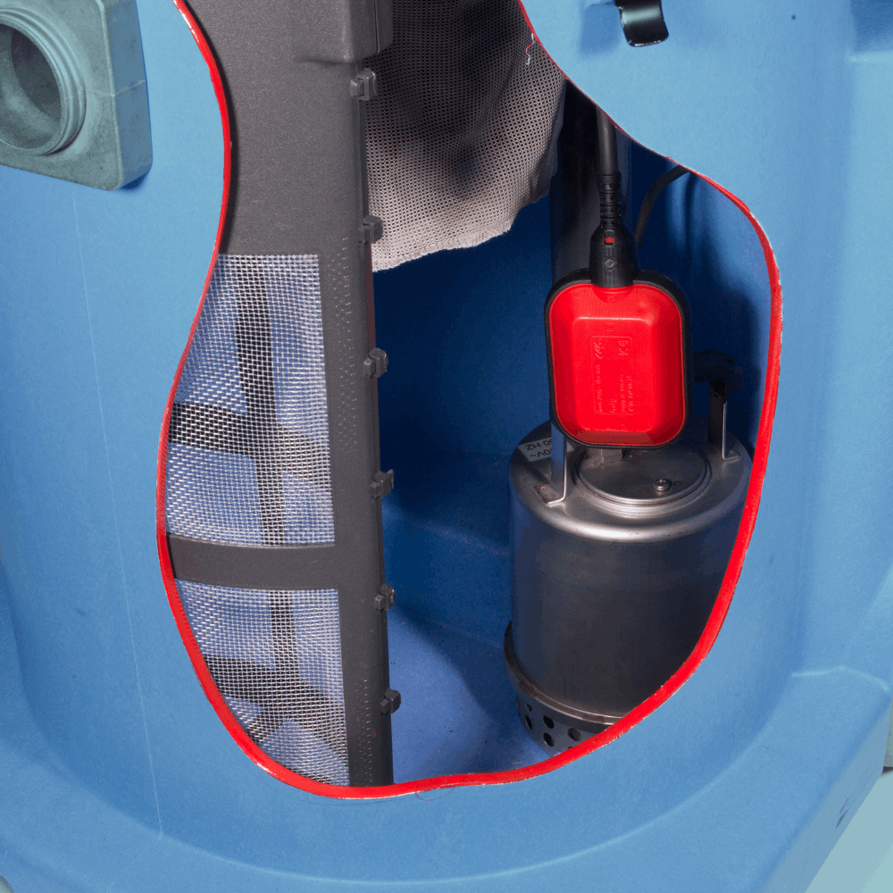 Numatic WVD1800AP industrial wet vacuum cleaner with automatic pump for continuous water discharge, ideal for flood situations.