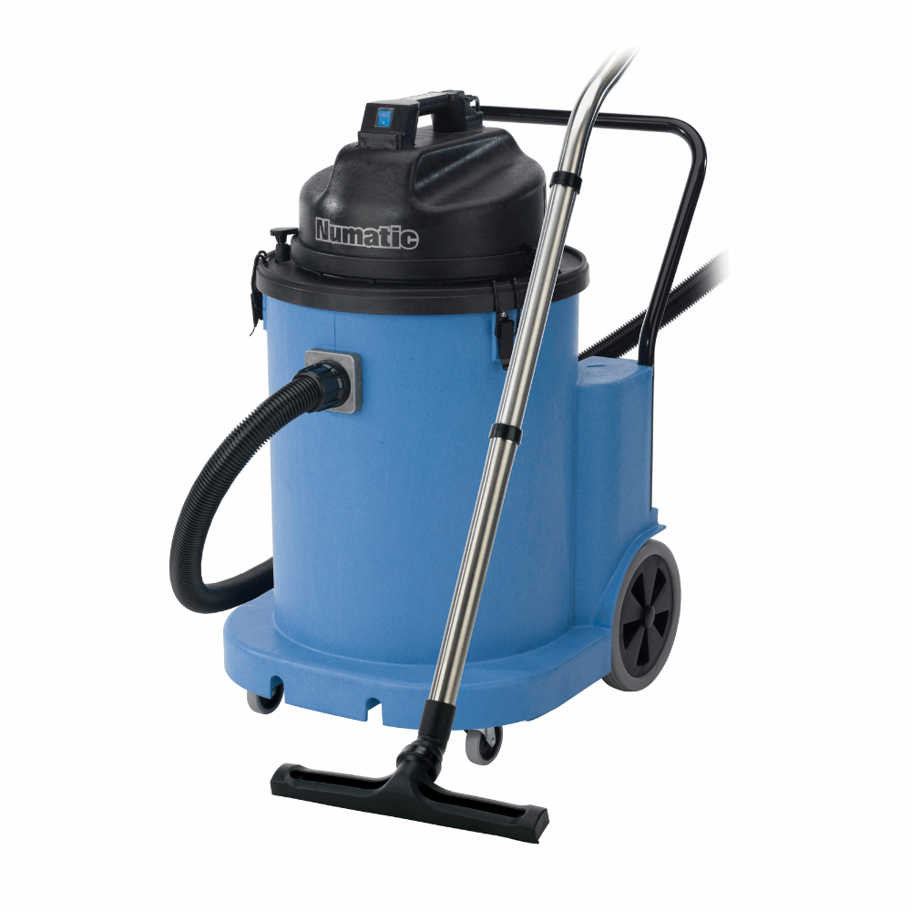 Numatic WVD1800AP: 70L capacity wet vacuum with dual 1000W motors and automatic pump for efficient continuous operation.