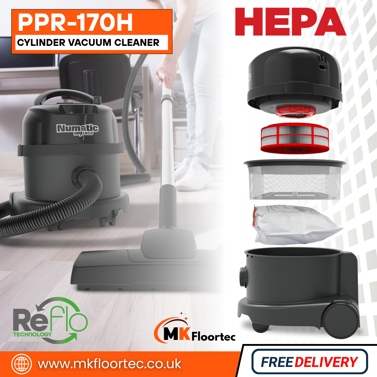 Numatic PPR170H HEPA Cylinder Vacuum Cleaner - Commercial Henry Allergy Hoover