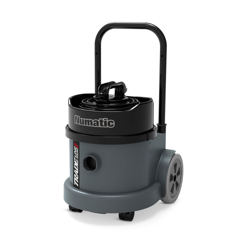 Numatic TEL390S L-Class vacuum with HEPA 13 filtration, ideal for job sites, offering 18L capacity and a complete accessory kit.
