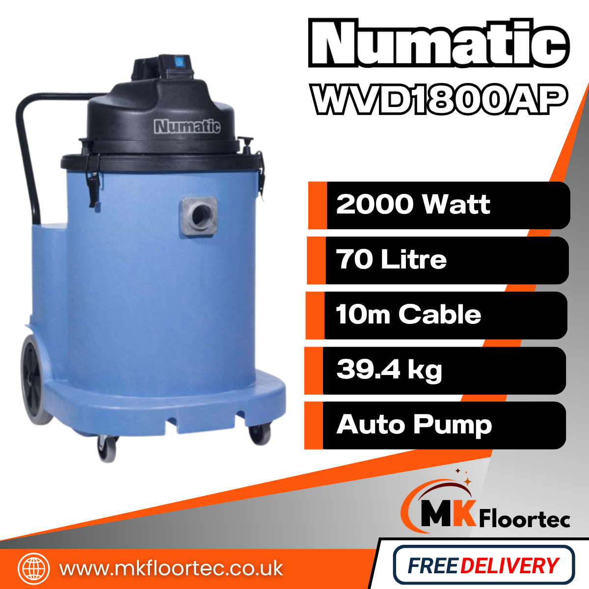 Numatic WVD1800AP Industrial Twin Motor Wet Vacuum Cleaner – Automatic Pump – 70L