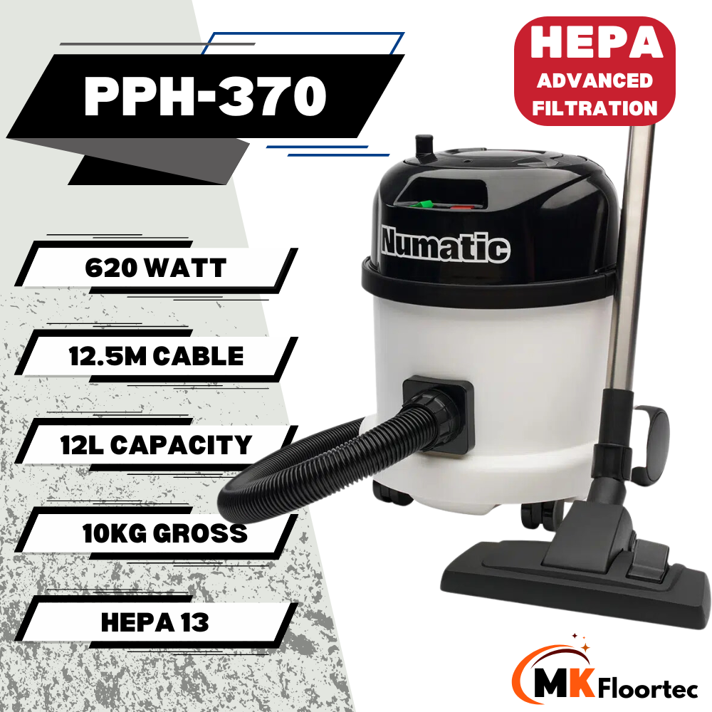 Numatic PPH320 H13 Hepa vacuum cleaner designed for clean rooms, effectively capturing fine particles with superior filtration. Specification