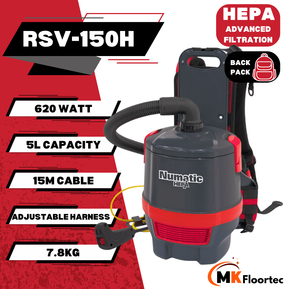 Numatic RSV150H backpack vacuum cleaner featuring HEPA 13 filtration, 5L capacity, 15m cable, and a lightweight, compact design. Specification