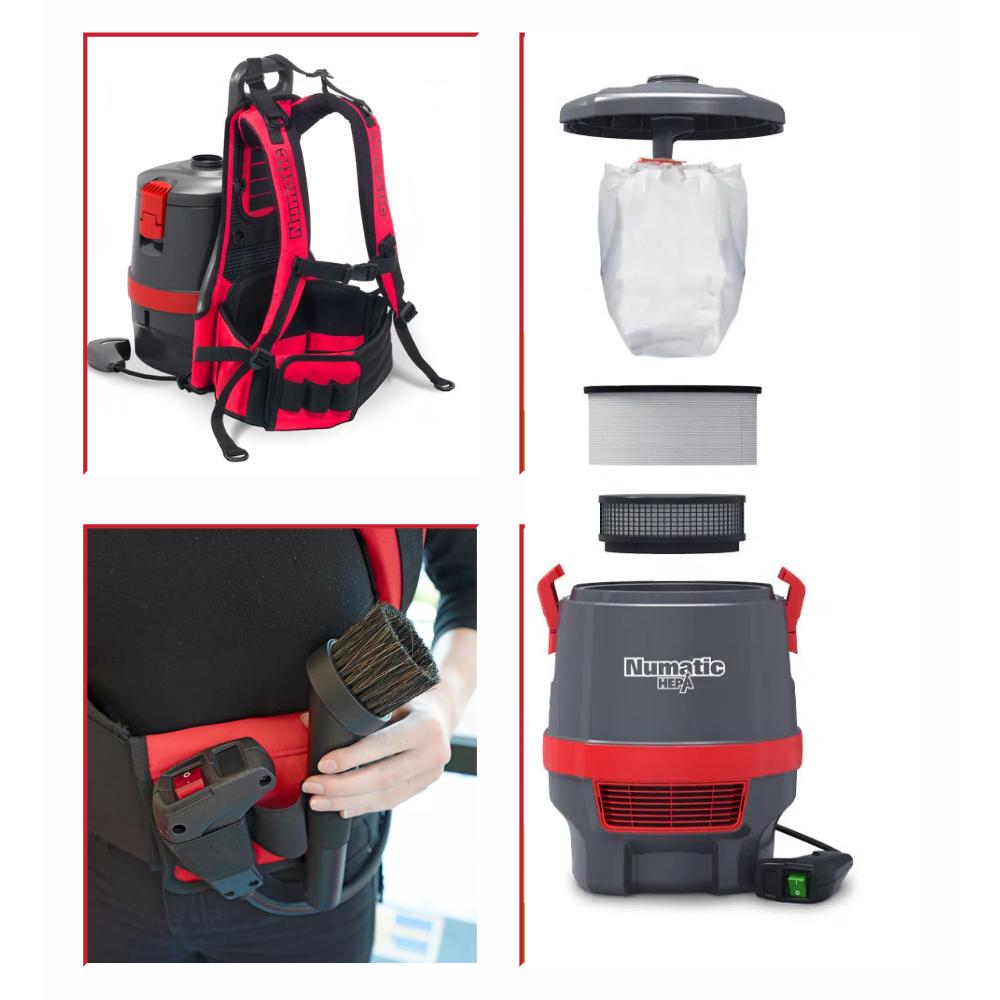 Numatic RSV150H backpack vacuum with HEPA 13 filtration, capturing 0.3-micron particles, features a comfortable harness and tool storage.