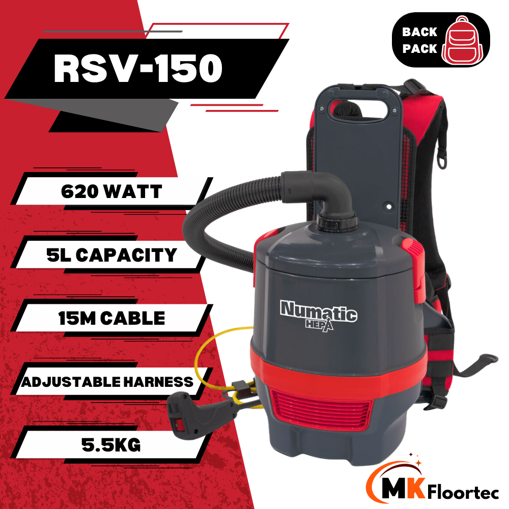 The Numatic RSV150 backpack vacuum cleaner offers a 5-litre capacity and 15-metre cable, making it perfect for efficient cleaning in narrow and high areas. Specification