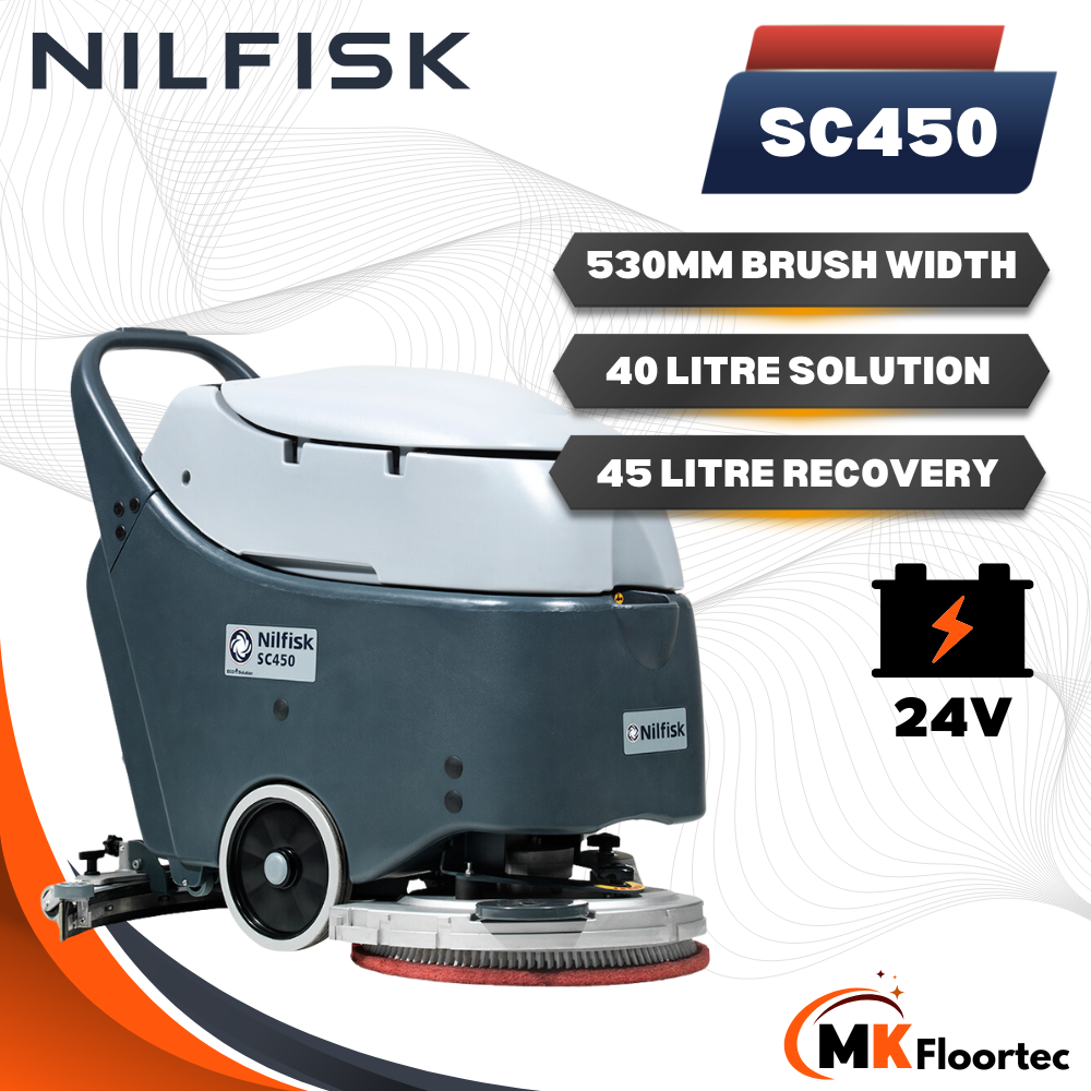 Nilfisk SC450 B Scrubber Dryer Battery Powered Cordless Floor Cleaning Machine - M.K. Floortec Services Ltd
