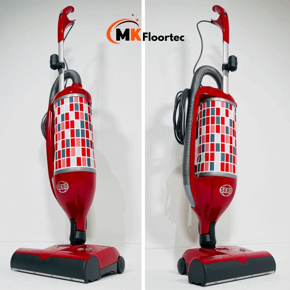 SEBO FELIX Rosso upright vacuum cleaner in glossy red, designed for effective cleaning on carpets and hard floors with s-class filtration.
