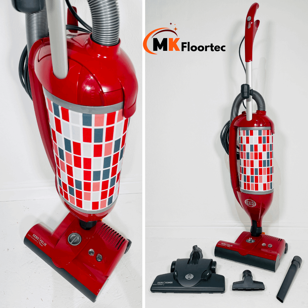 SEBO FELIX Rosso upright vacuum cleaner in glossy red, featuring variable suction, dual motor, and Kombi head for all floor types.