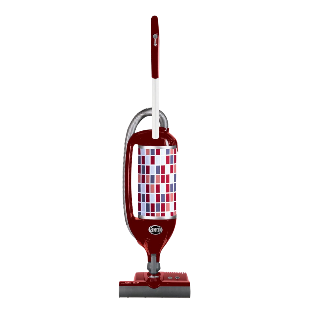 SEBO FELIX Rosso upright vacuum in red, designed for comfort with a swivel neck and detachable powerhead for versatile use.