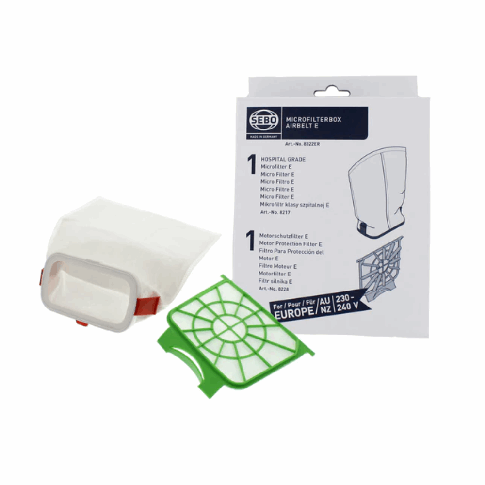 Sebo Micro Filter box set 8322ER features 1 Motor Protection Filter and 1 Exhaust Microfilter for Airbelt E series models.