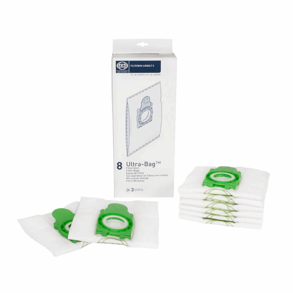 Genuine Sebo Airbelt E series Ultra vacuum cleaner dust bags 8300ER, 8 pack, compatible with all Airbelt E series models.