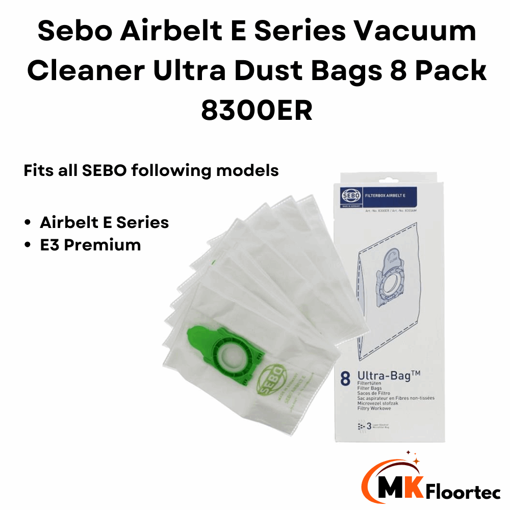 Sebo Airbelt E series Ultra vacuum cleaner dust bags 8300ER, 8-pack, fits all Airbelt E series and E3 Premium models.