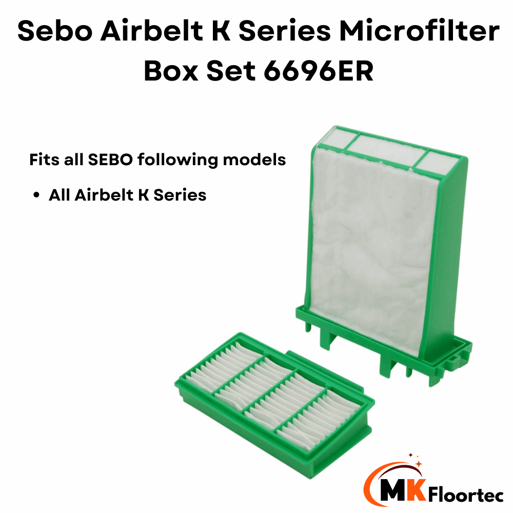 Genuine Sebo Airbelt K Micro Filter box set 6696ER includes pre-motor and exhaust microfilters for Airbelt K series and K3 Premium.