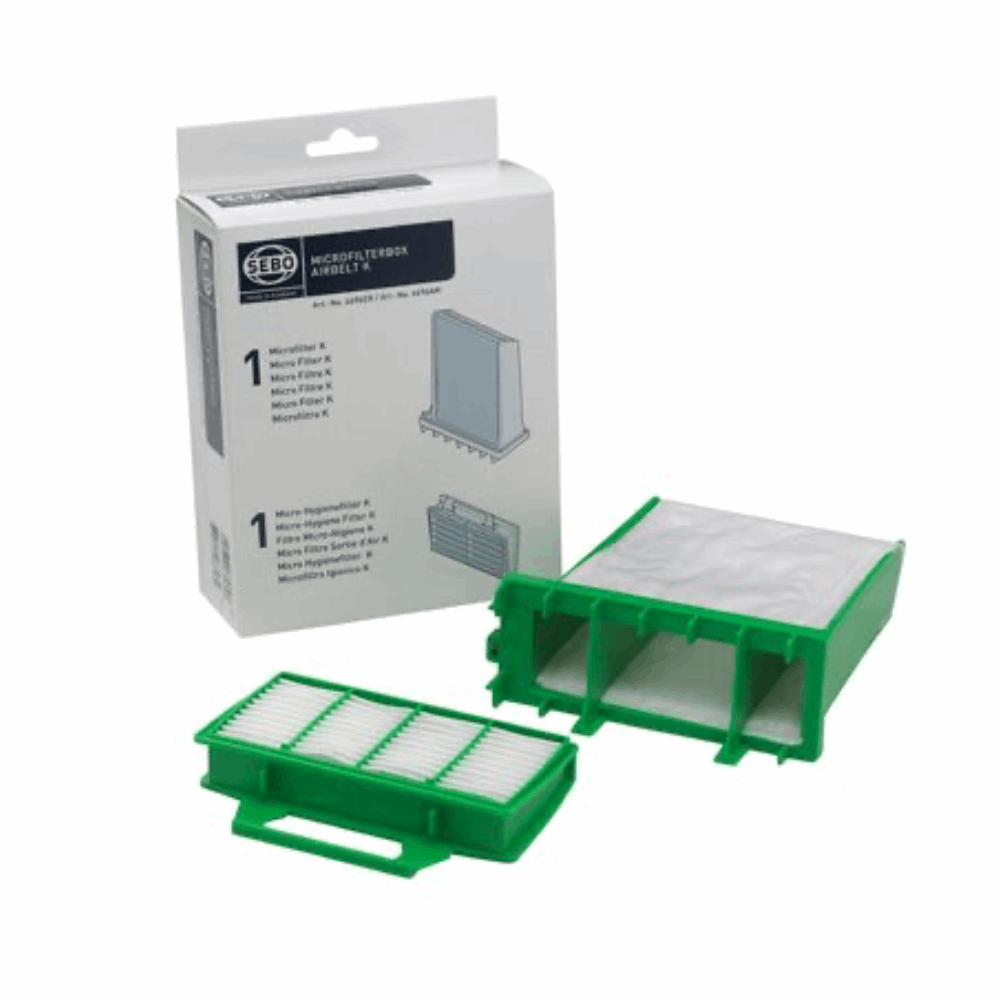 Sebo Airbelt K Micro Filter set 6696ER includes one pre-motor and one exhaust filter, fitting Airbelt K series and K3 Premium.