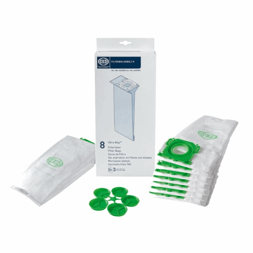 Genuine Sebo Airbelt K series Ultra vacuum cleaner dust bags, 6629ER, 8-pack for efficient dust collection and filtration.