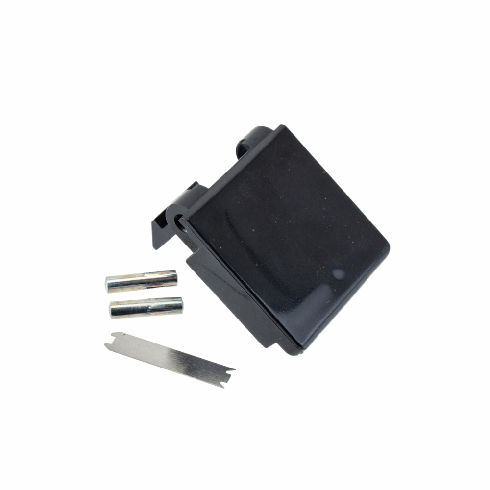 Door panel latch for Sebo BS vacuum cleaner series, includes spring and two pins, part number 1057DG.