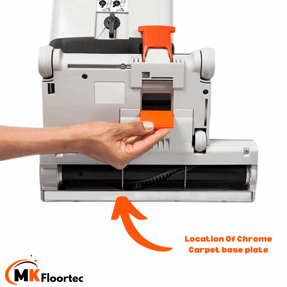 Front chrome chassis strip for SEBO BS36 Comfort and BS360, part number 20204ER, attached to the base plate.