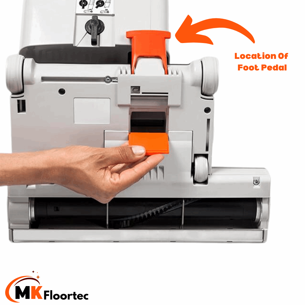 Foot release pedal assembly in orange for Sebo BS360 BS36 Comfort vacuum cleaner, part number 20230ER.