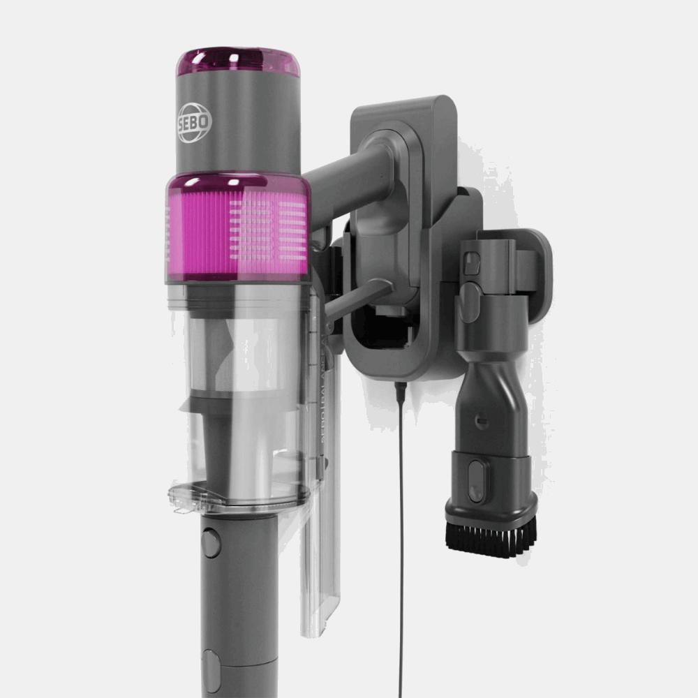 SEBO BALANCE A1 MAGENTA cordless vacuum cleaner featuring a wall dock charging station for easy storage and charging.