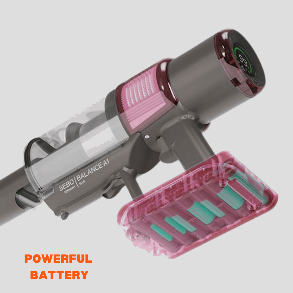 SEBO BALANCE A1 MAGENTA cordless vacuum cleaner equipped with a powerful, removable battery for convenient use.