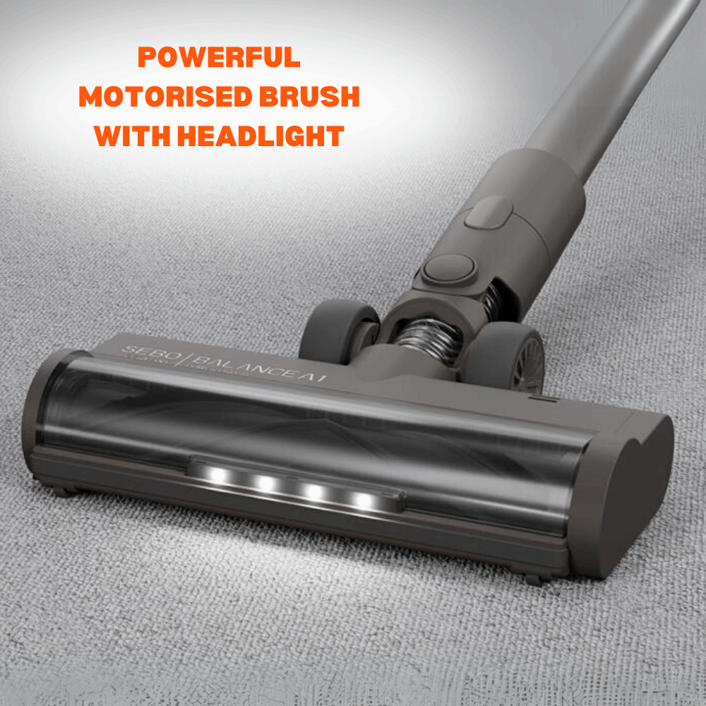 SEBO BALANCE A1 MAGENTA cordless vacuum cleaner equipped with a powerful motorized brush and a useful headlight for dark areas.