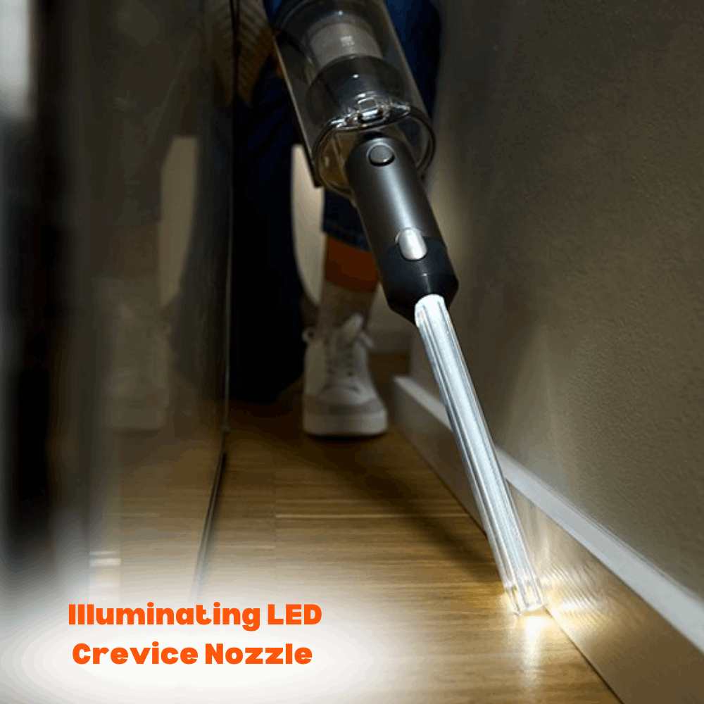 SEBO BALANCE A1 MAGENTA cordless  vacuum with LED crevice nozzle for precise cleaning in dark, tight spaces and corners.