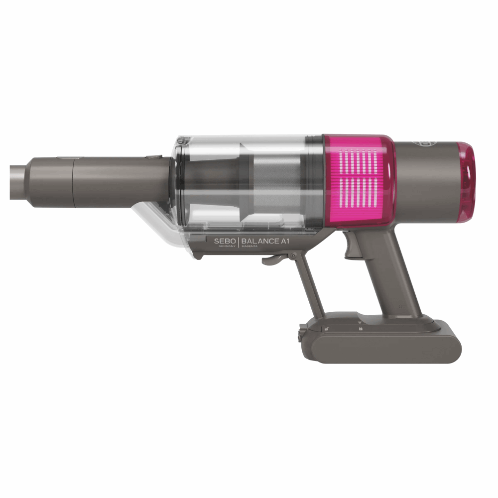 The SEBO BALANCE A1 MAGENTA is a stylish pink cordless vacuum cleaner, perfect for efficient and convenient cleaning.