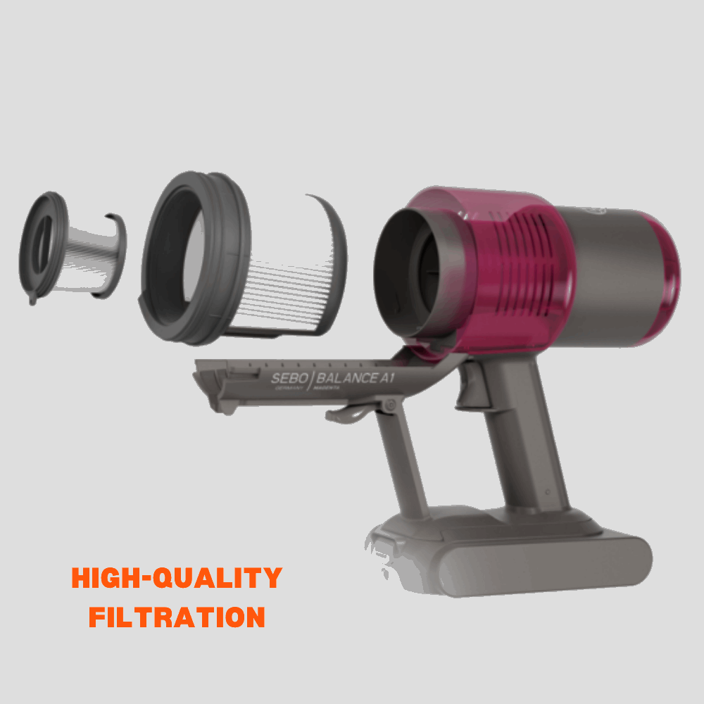 SEBO BALANCE A1 MAGENTA cordless vacuum cleaner featuring high-quality filtration for superior cleaning performance.