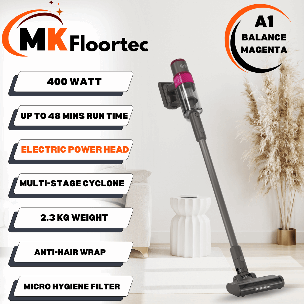 SEBO BALANCE A1 Magenta cordless stick vacuum, lightweight and ergonomic, ideal for all surfaces with a stylish design.