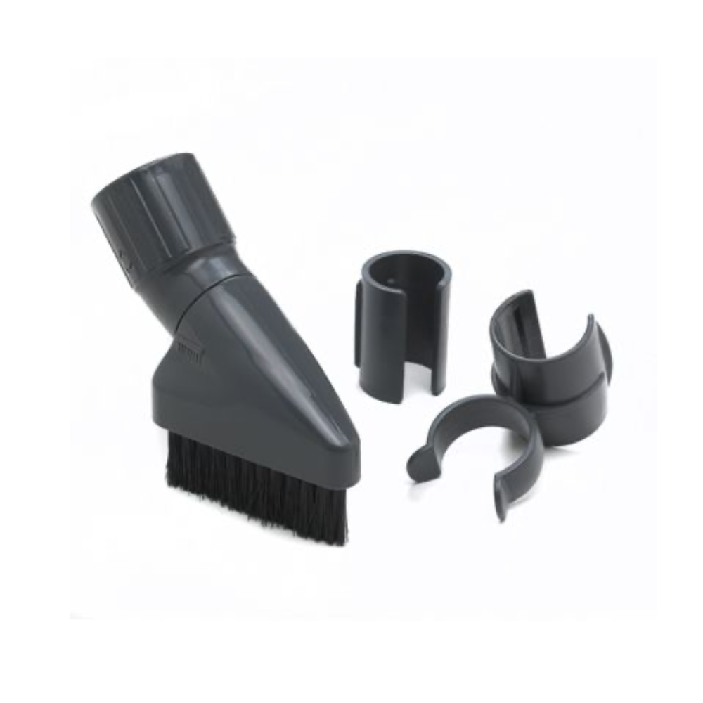Sebo tool attachment clamp with dusting brush for Airbelt cylinder vacuums, featuring soft bristles and a swivel neck for delicate cleaning.