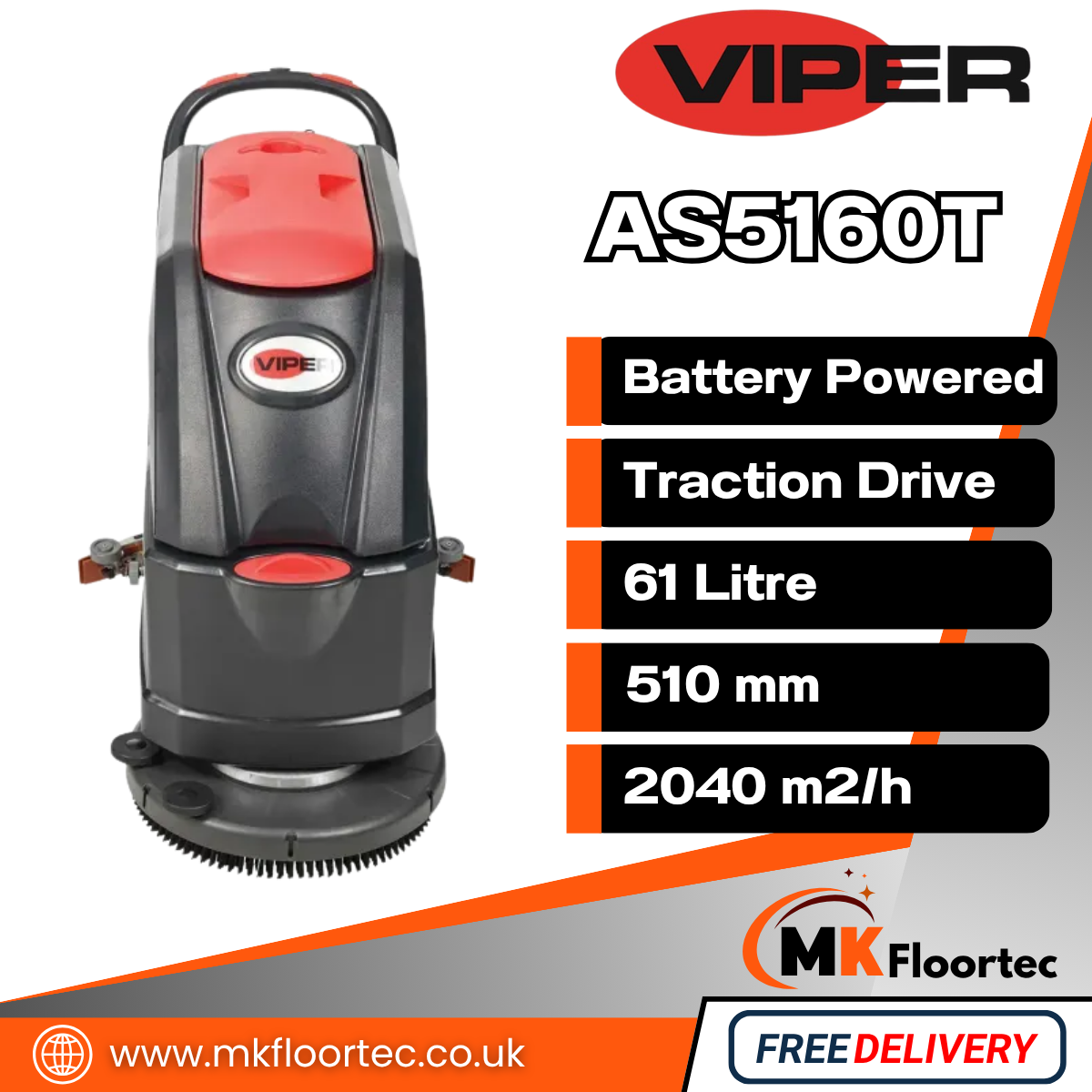 Viper AS5160T Scrubber Dryer With Traction 20-Inch - Battery Powered