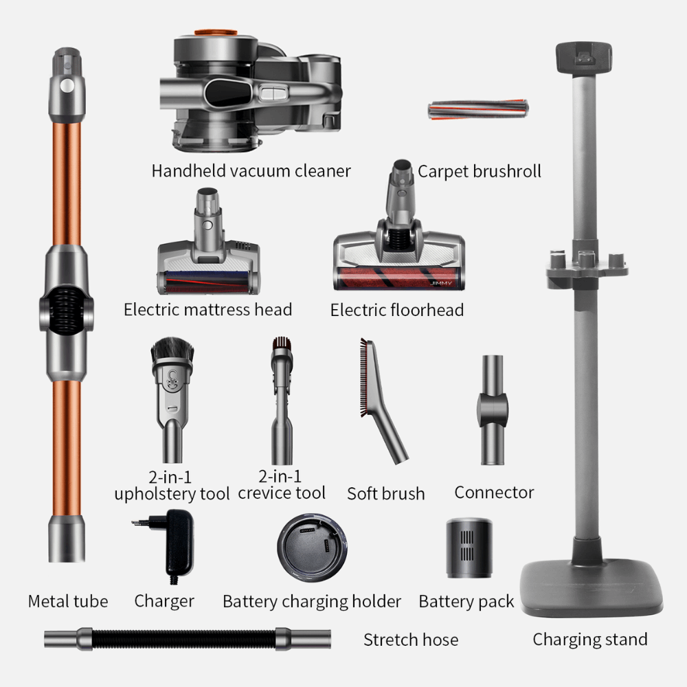 jimmy h9 pro cordless stick vacuum cleaner with large selection of tools and attachments plus stand