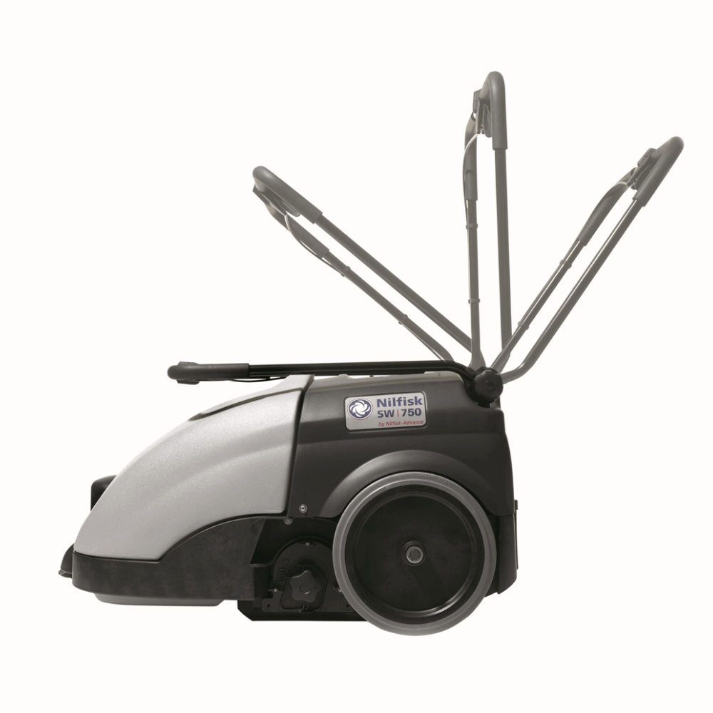 Nilfisk SW750 pedestrian sweeper with folding handle