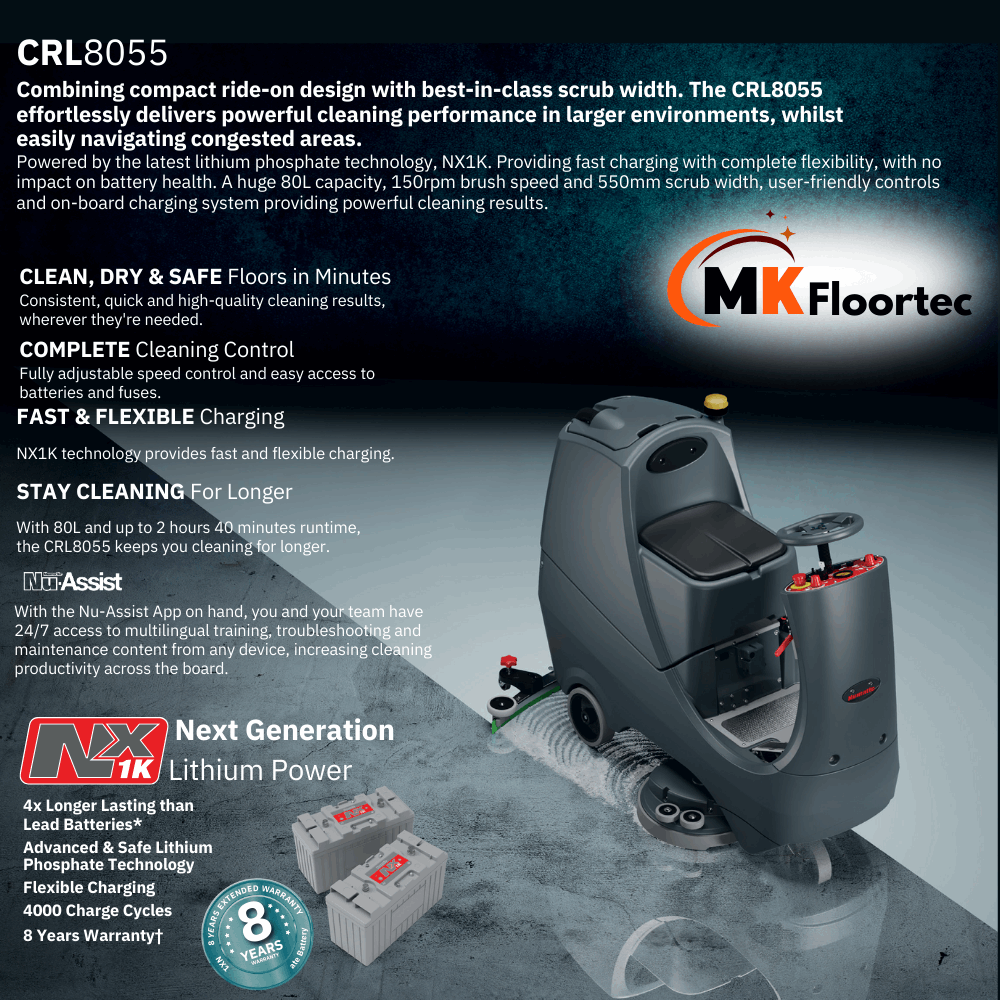 Numatic CRL8055 NX1K ride on scrubber dryer floor cleaning machine specification and benefits