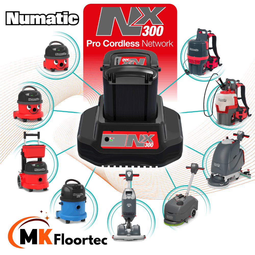 Professional-grade Numatic NX300 battery-operated floor cleaning machines, featuring scrubber dryers and vacuum cleaners without wires. MK Floortec